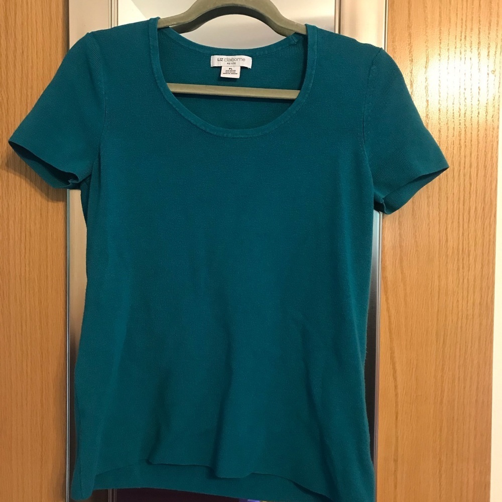 Liz Claiborne Petite Large short sleeve teal light weight sweater